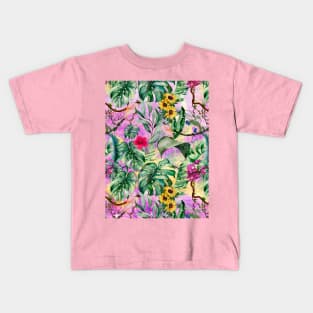 Cute tropical floral leaves botanical illustration, tropical plants,leaves and flowers, pink purple leaves pattern Kids T-Shirt